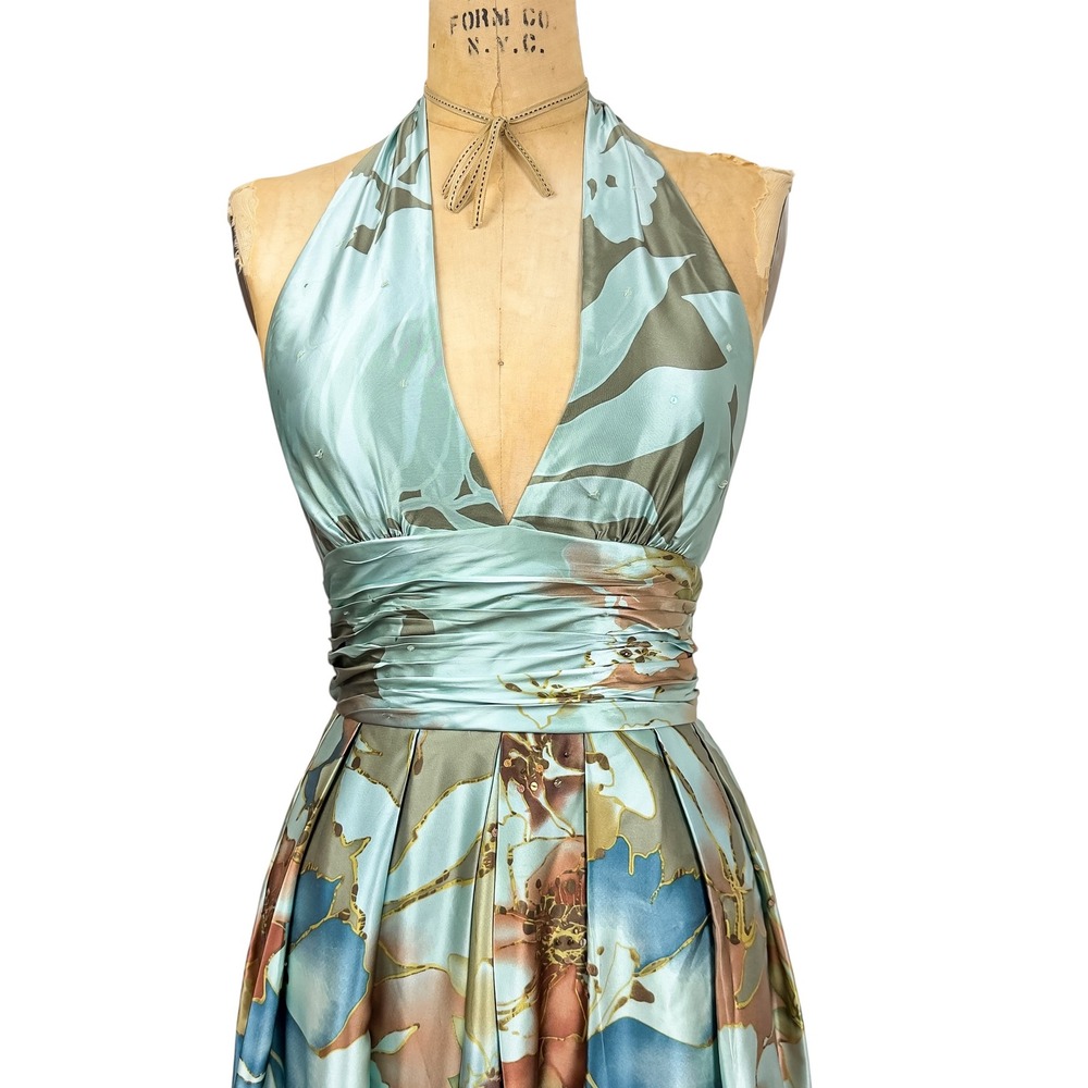 Y2K Teal Silk Floral Sequin Halter Midi A Line Dress Flowy Pleats Formal Size 8 - Picture 3 of 11